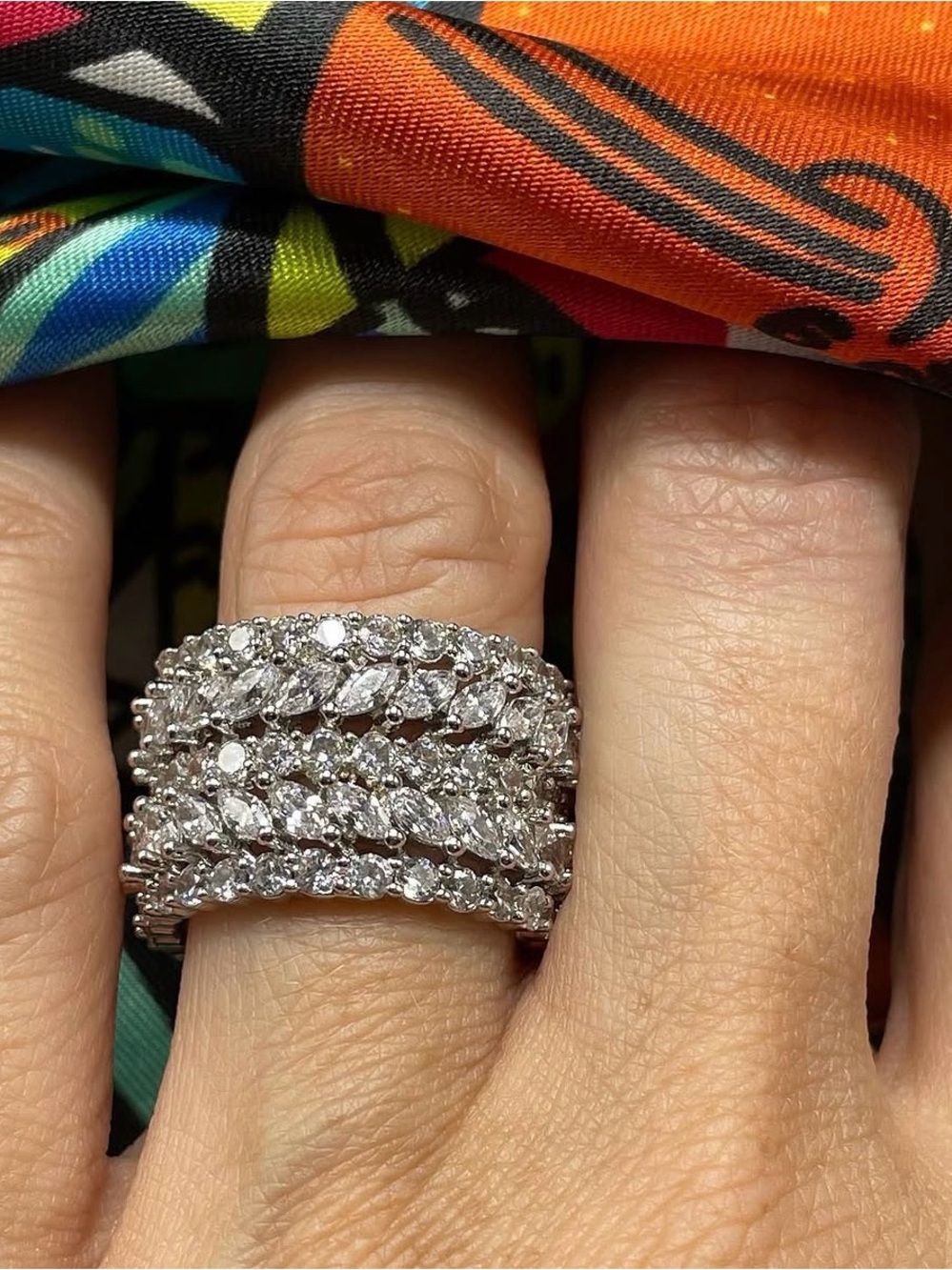 Silver-Tone Marquise CZ Wide Band Statement Ring
